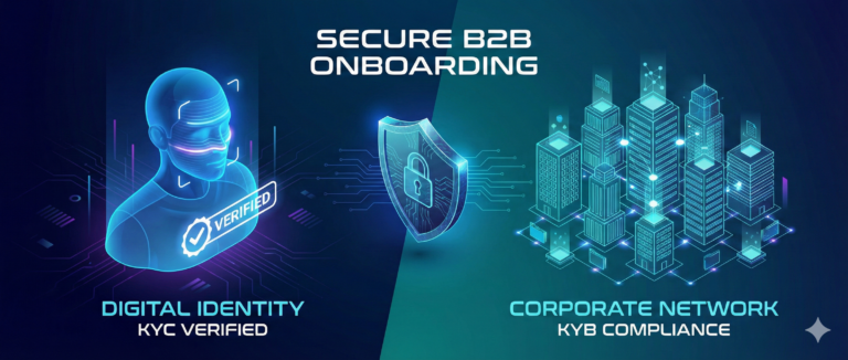An isometric 3D blog header illustration for 'SECURE B2B ONBOARDING' in a modern, high-tech style. The left side shows a glowing blue digital human avatar with biometric scan lines and a 'VERIFIED' badge, with the text 'DIGITAL IDENTITY KYC VERIFIED' below it. The right side displays a complex cyan wireframe of interconnected corporate buildings and network nodes, with the text 'CORPORATE NETWORK KYB COMPLIANCE' below it. A stylized digital shield with a padlock connects the two sides against a dark blue and teal gradient background with abstract circuit board patterns.