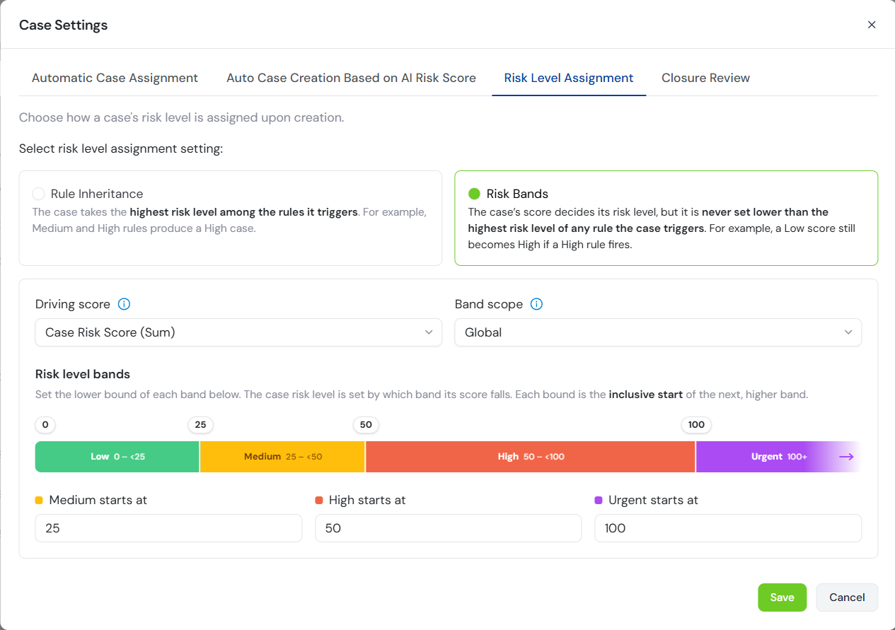 Case Settings Risk Bands
