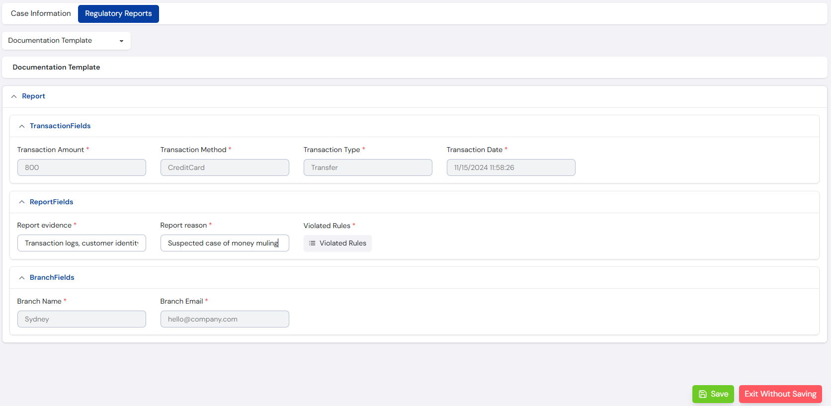 Report Generation Screen