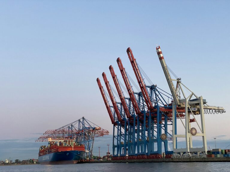 Container port with cargo cranes representing trade-based money laundering risks in Gulf trade corridors