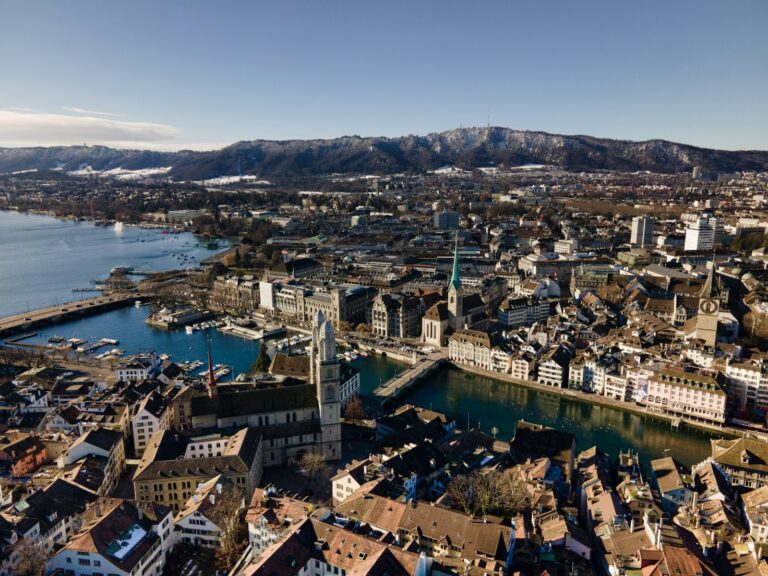 Aerial view of central Zurich, the Limmat river and Lake Zurich, representing the Swiss financial centre subject to FINMA AML requirements